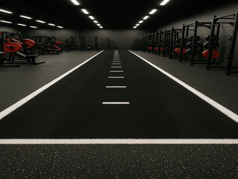 Athlete pushing a weighted sled on a green gym turf lane with custom markings
